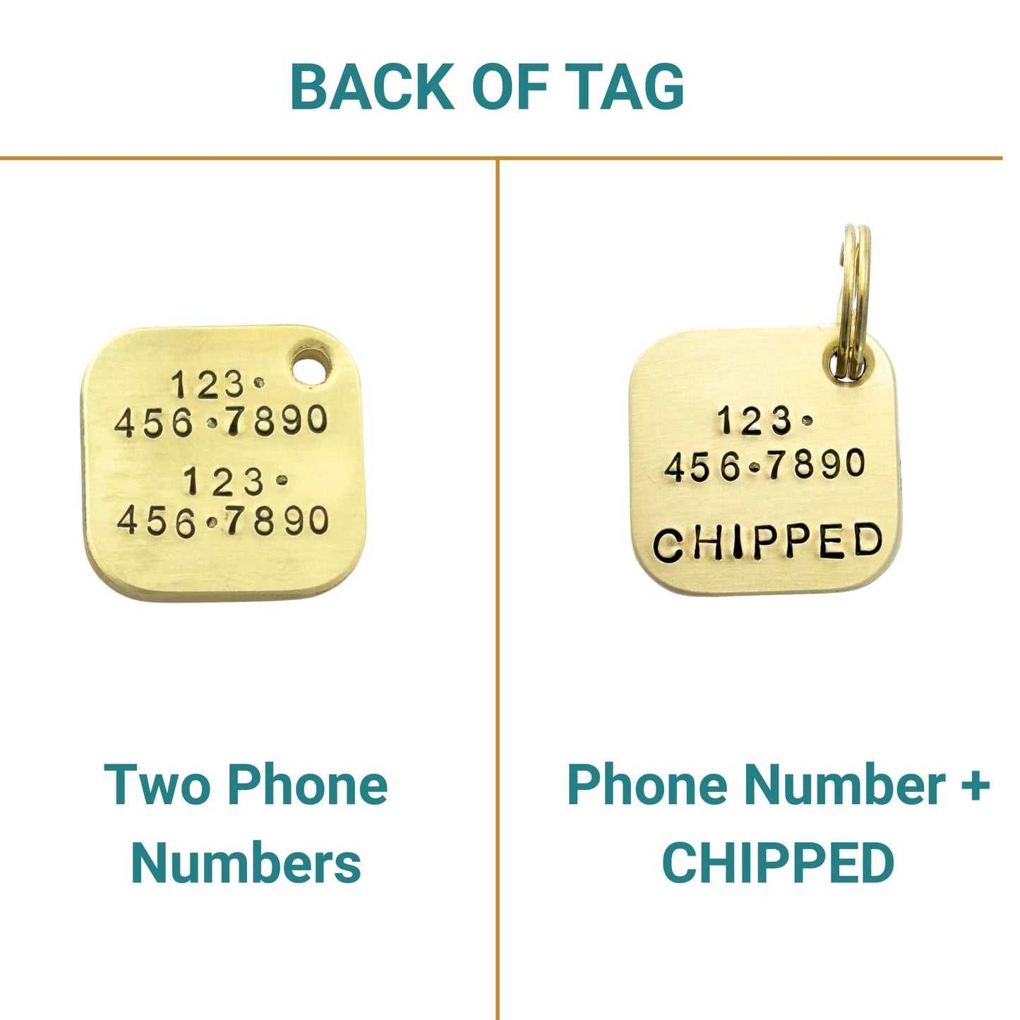 Two gold tags with engraved phone numbers and text on a white background