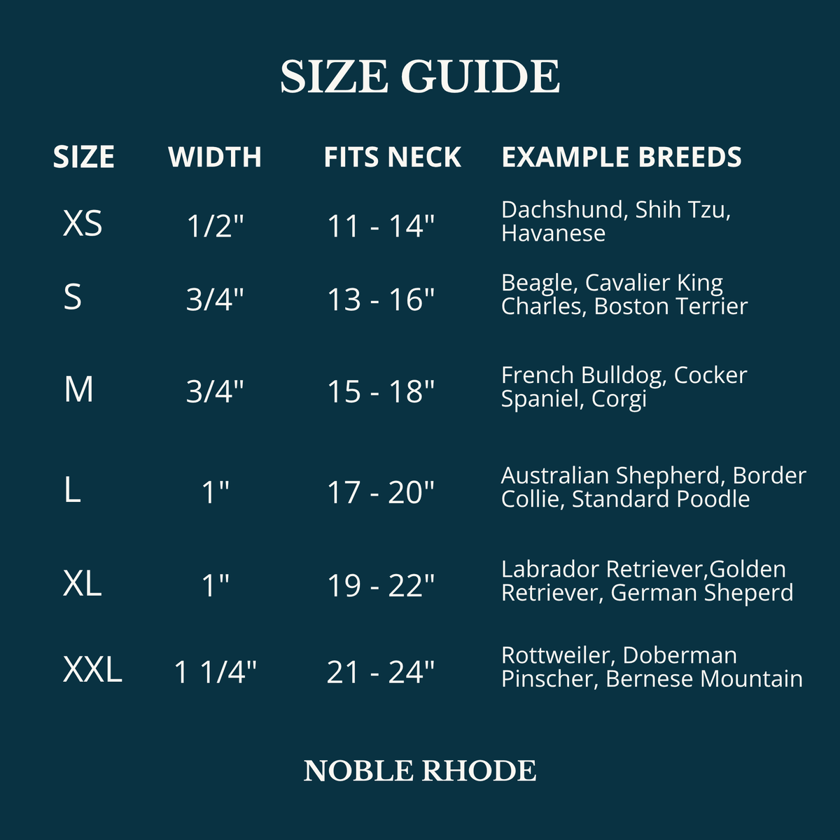Noble Rhode's custom dog collar size guide.