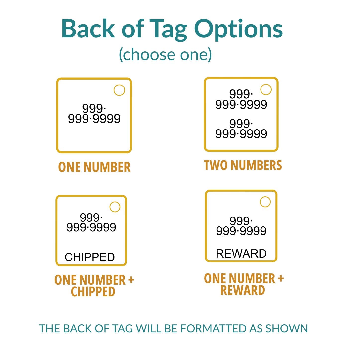 Options for back of a tag with formatting choices on a white background
