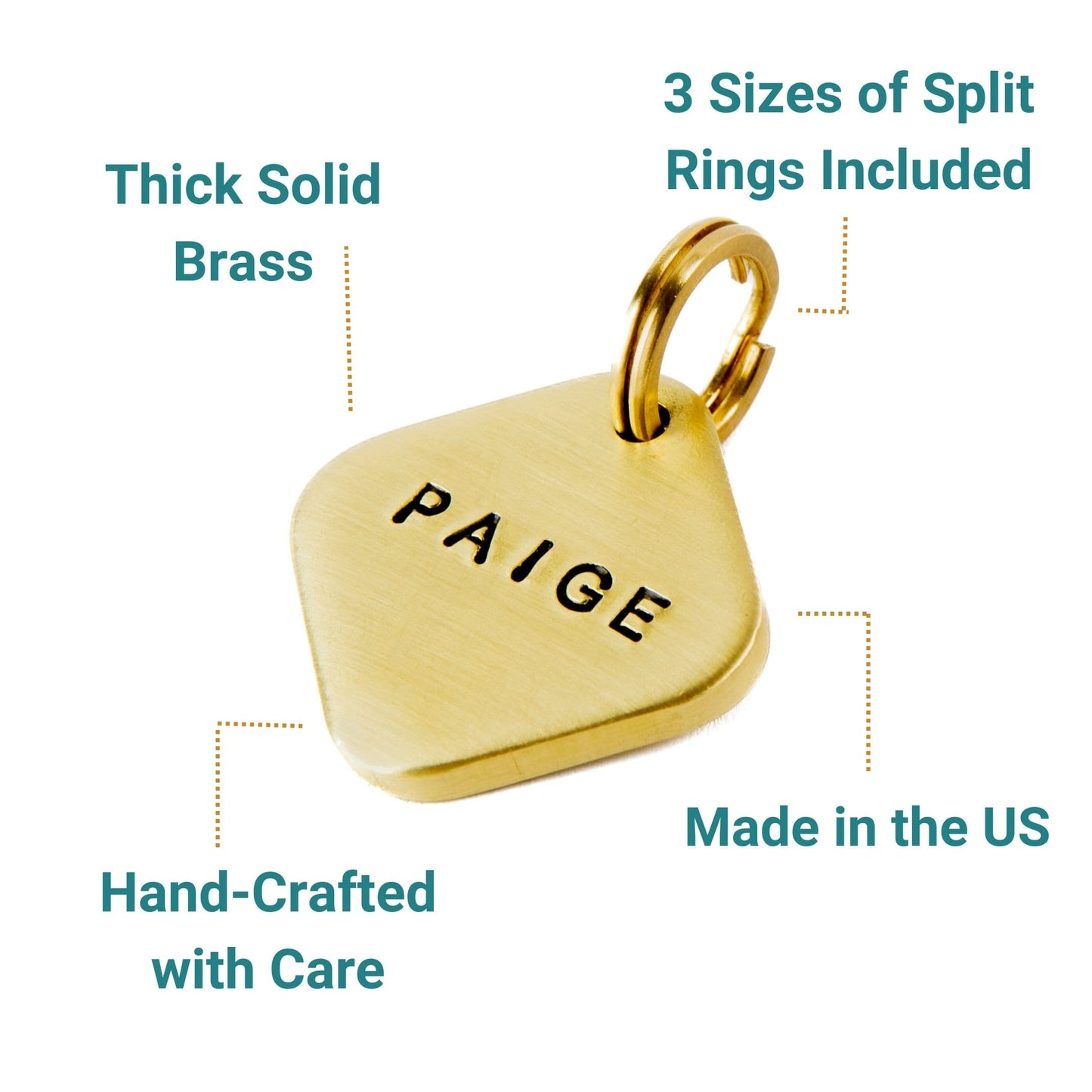 Brass dog name tag with 'PAIGE' engraved, featuring text about ring sizes and craftsmanship.