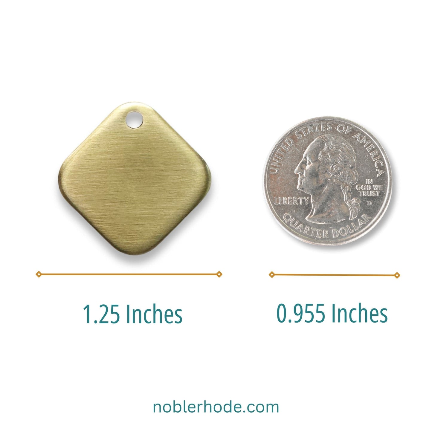 Comparison of a diamond shape brass tag and a quarter showing their dimensions with 'noblerhode.com' branding.