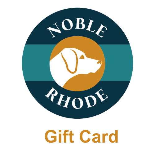 Noble Rhode logo with a dog illustration on a blue and green striped background