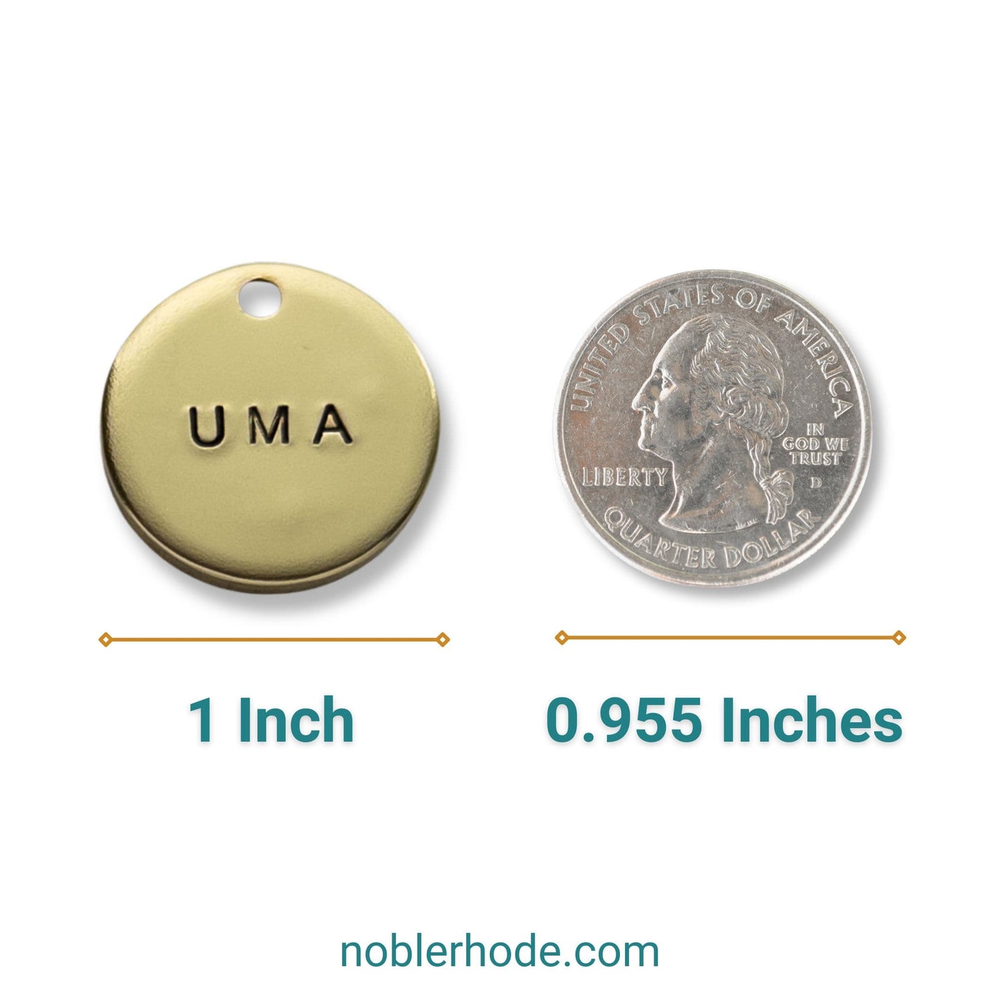 Brass tag labeled 'UMA' next to a quarter for size comparison on noblerhode.com