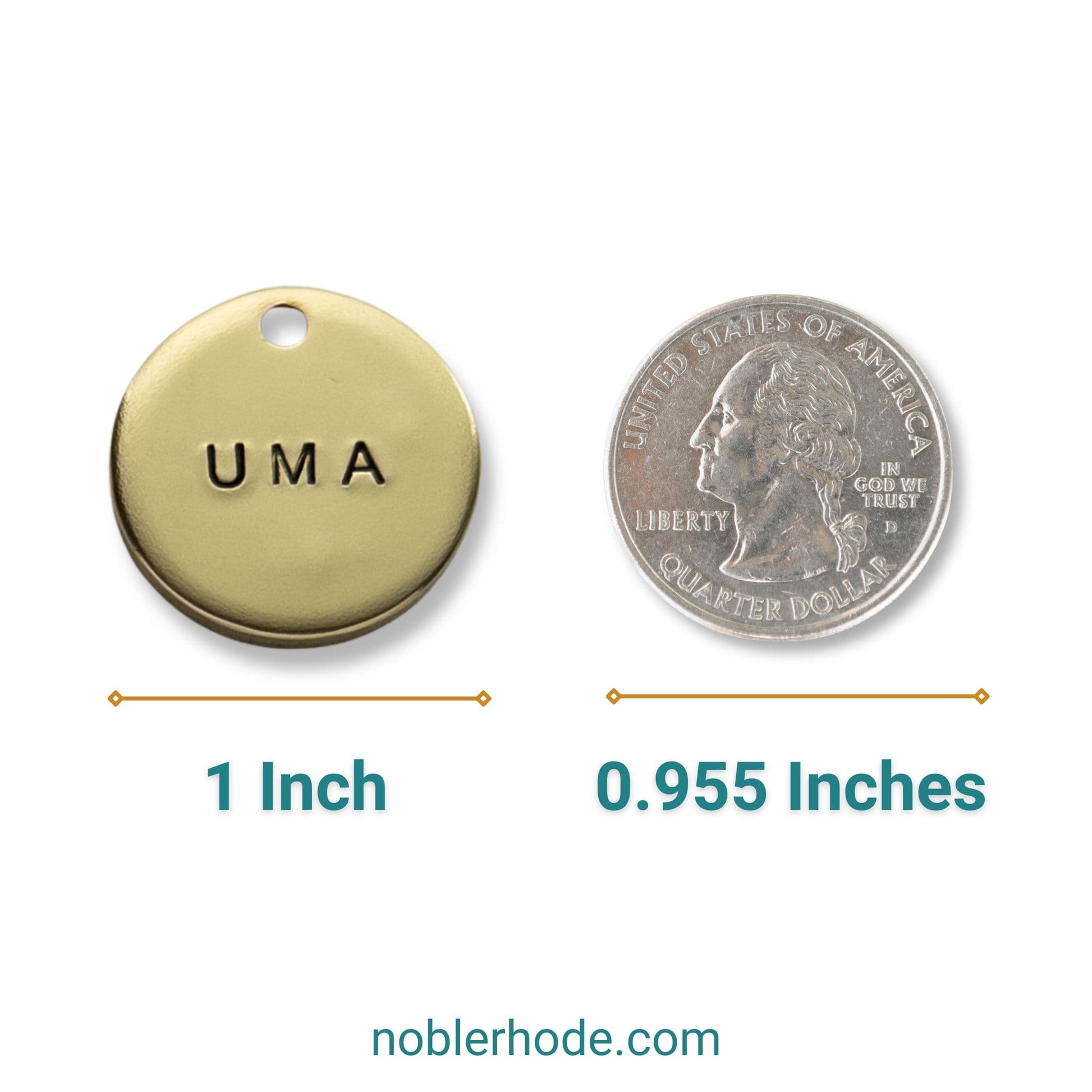 Brass tag labeled 'UMA' next to a quarter for size comparison on noblerhode.com