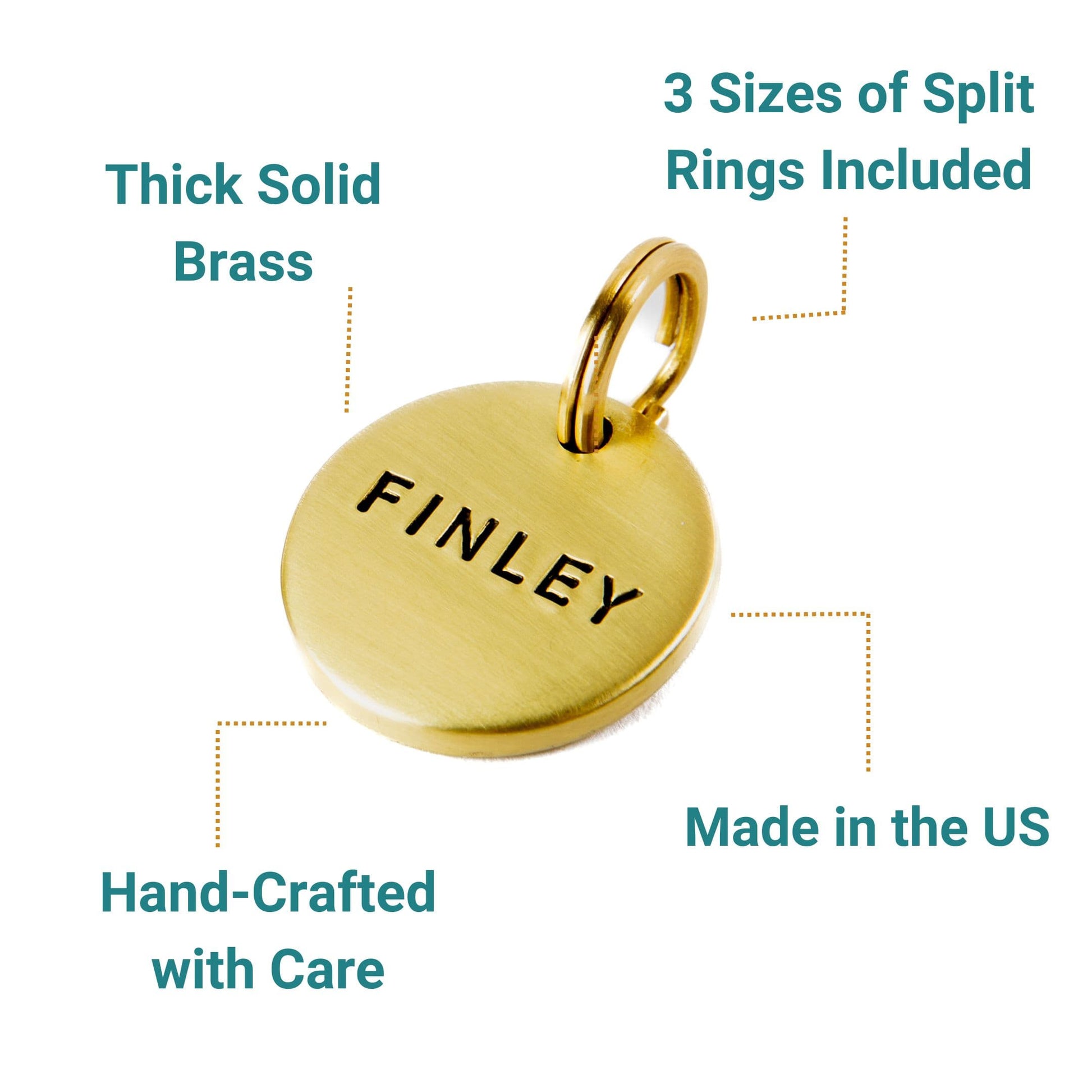 Brass dog tag with 'FINLEY' engraved, featuring text about ring sizes and craftsmanship on a white background.