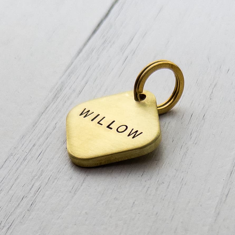 Thick solid brass dog tag on light wooden background.
