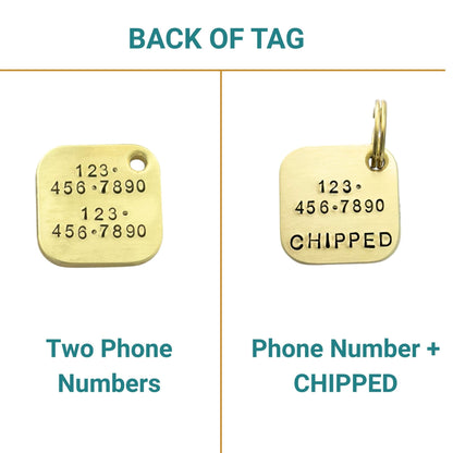 Two gold tags with engraved phone numbers and text on a white background