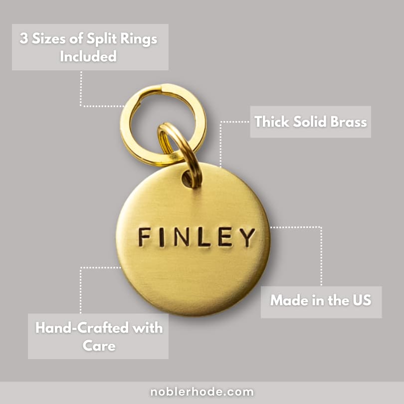 Features of round solid brass dog tags. 