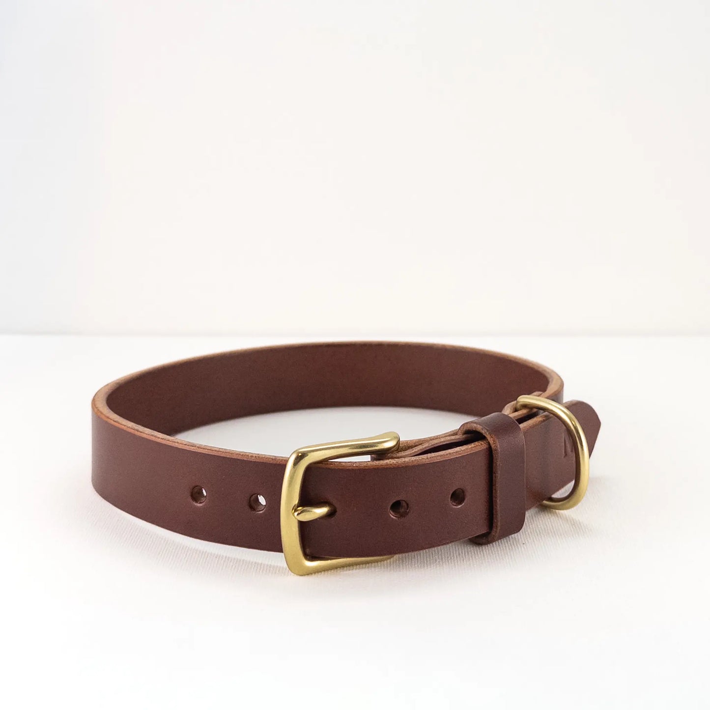 Side view of Walnut leather dog collar showing the solid brass hardware buckle.