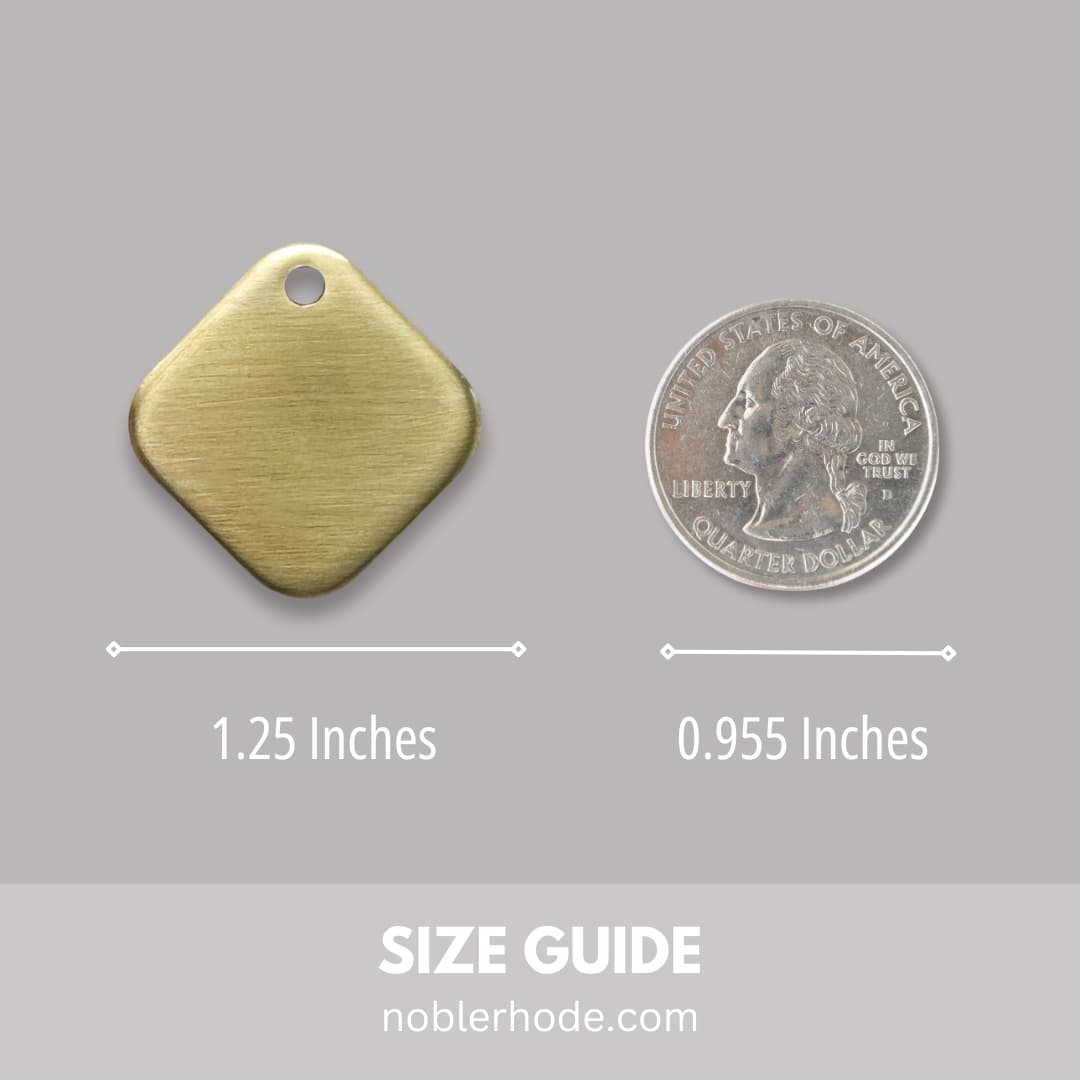 The size of our diamond shaped dog tag compared to a quarter. 