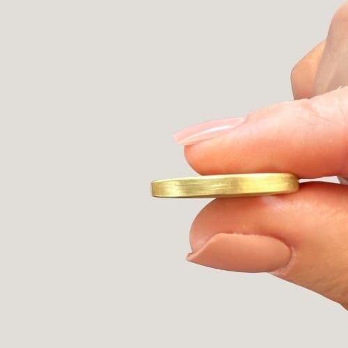 Thick brass dog ID tag held between fingers against a neutral background.