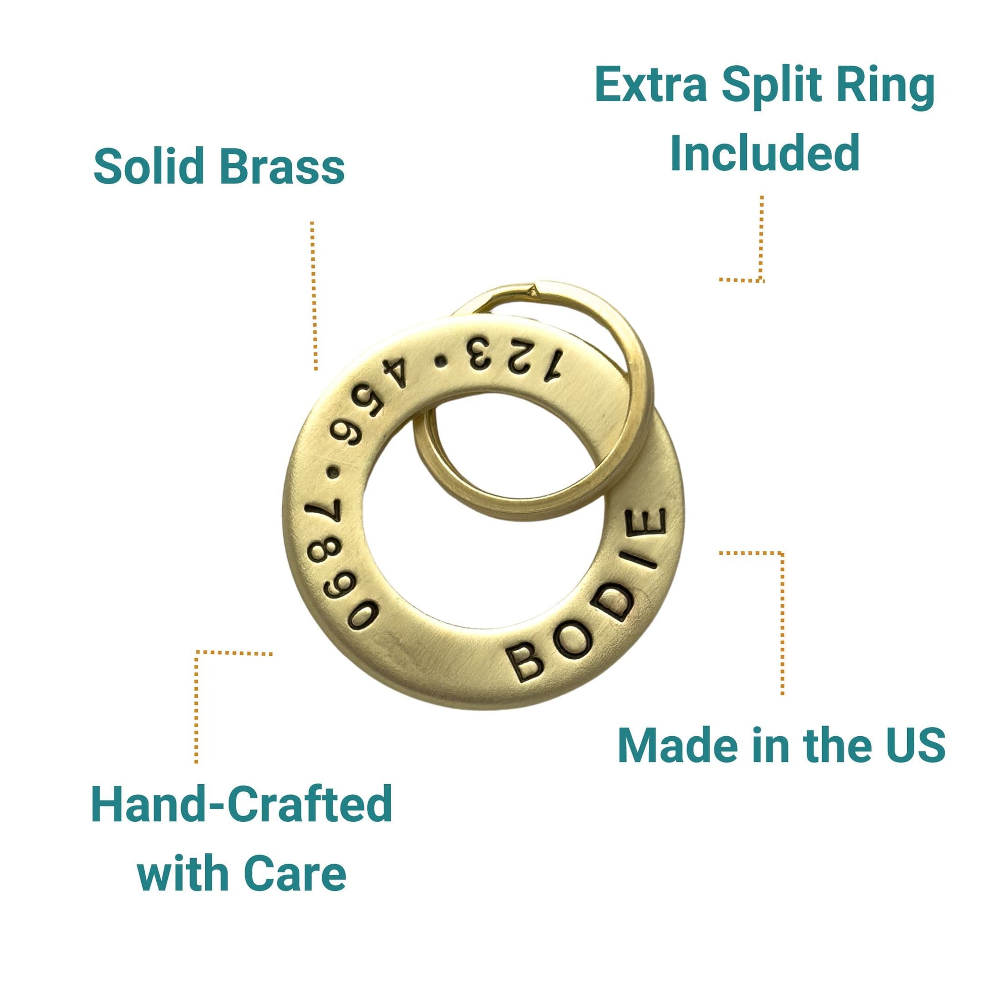 Gold ring charm with engraved numbers and 'BODIE' text, labeled with features on a white background.