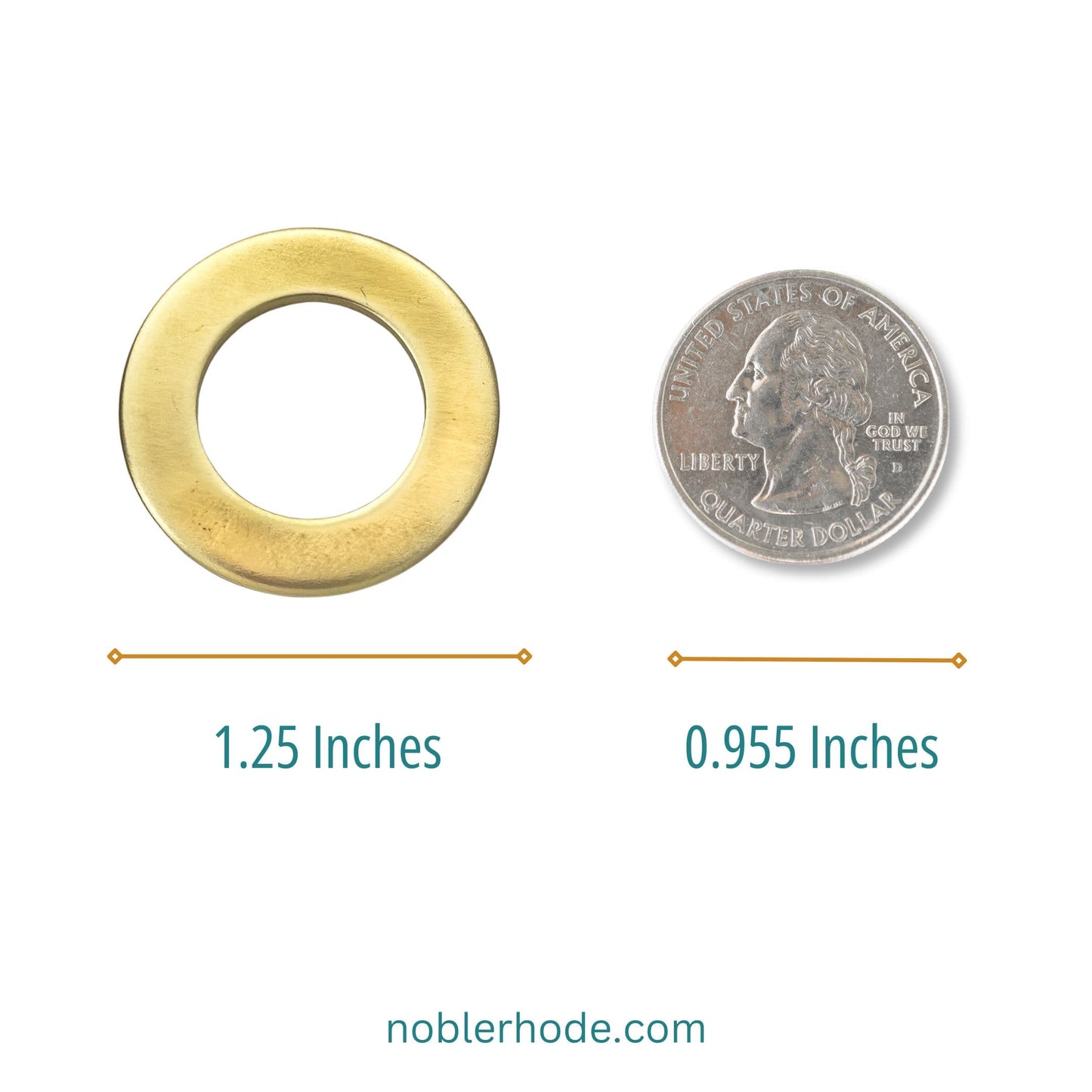 Gold washer next to a quarter coin for size comparison on noblerhode.com